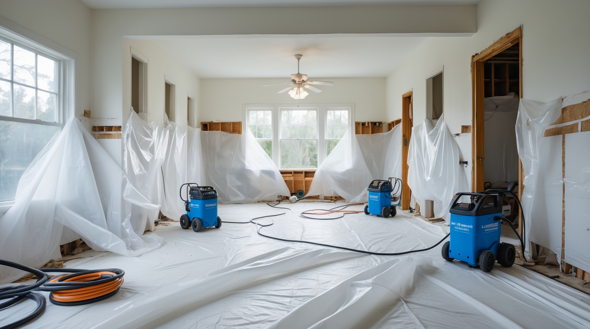 Clean, prepped residential space with containment sheeting and asbestos removal equipment in place
