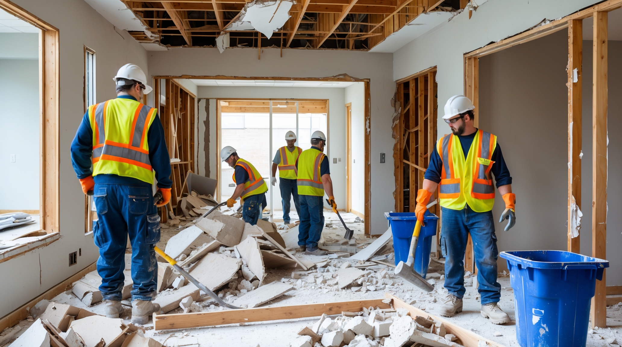 Professional demolition team dismantling interior structures with proper safety equipment and dust control in place
