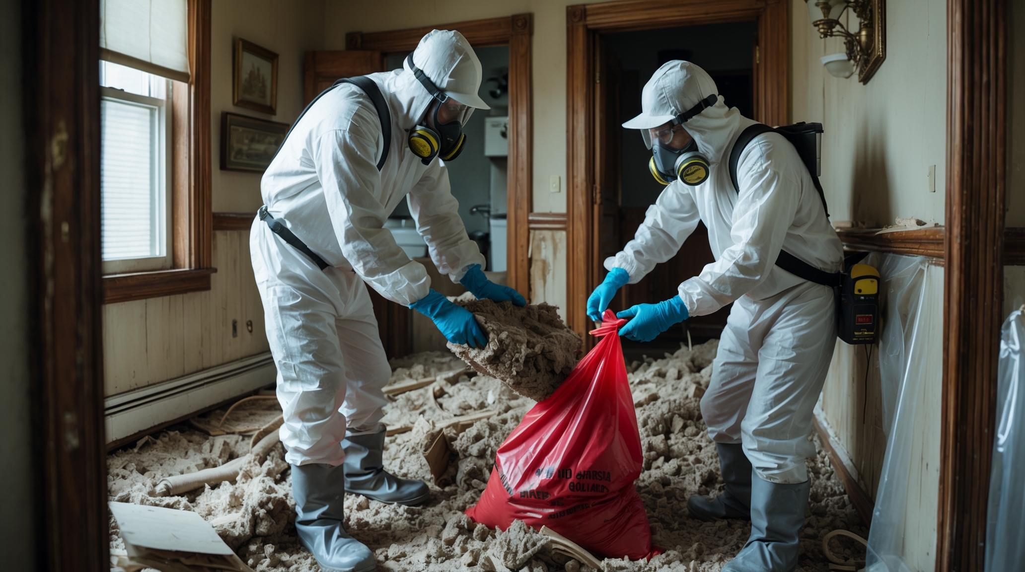 Certified asbestos abatement professionals removing hazardous materials in an older residential home with proper containment and PPE