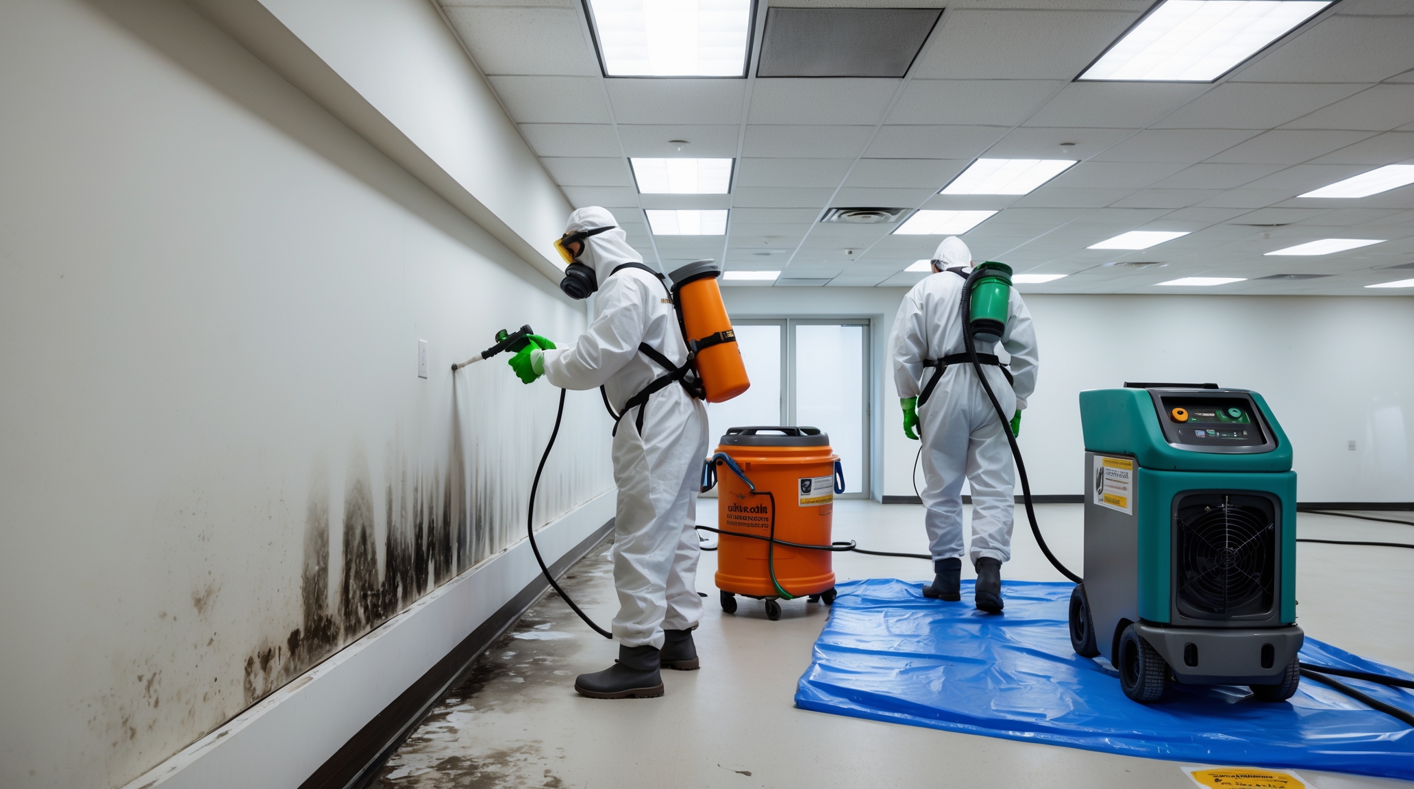 Professional mold remediation crew treating contaminated walls in a commercial office with certified equipment and protective gear