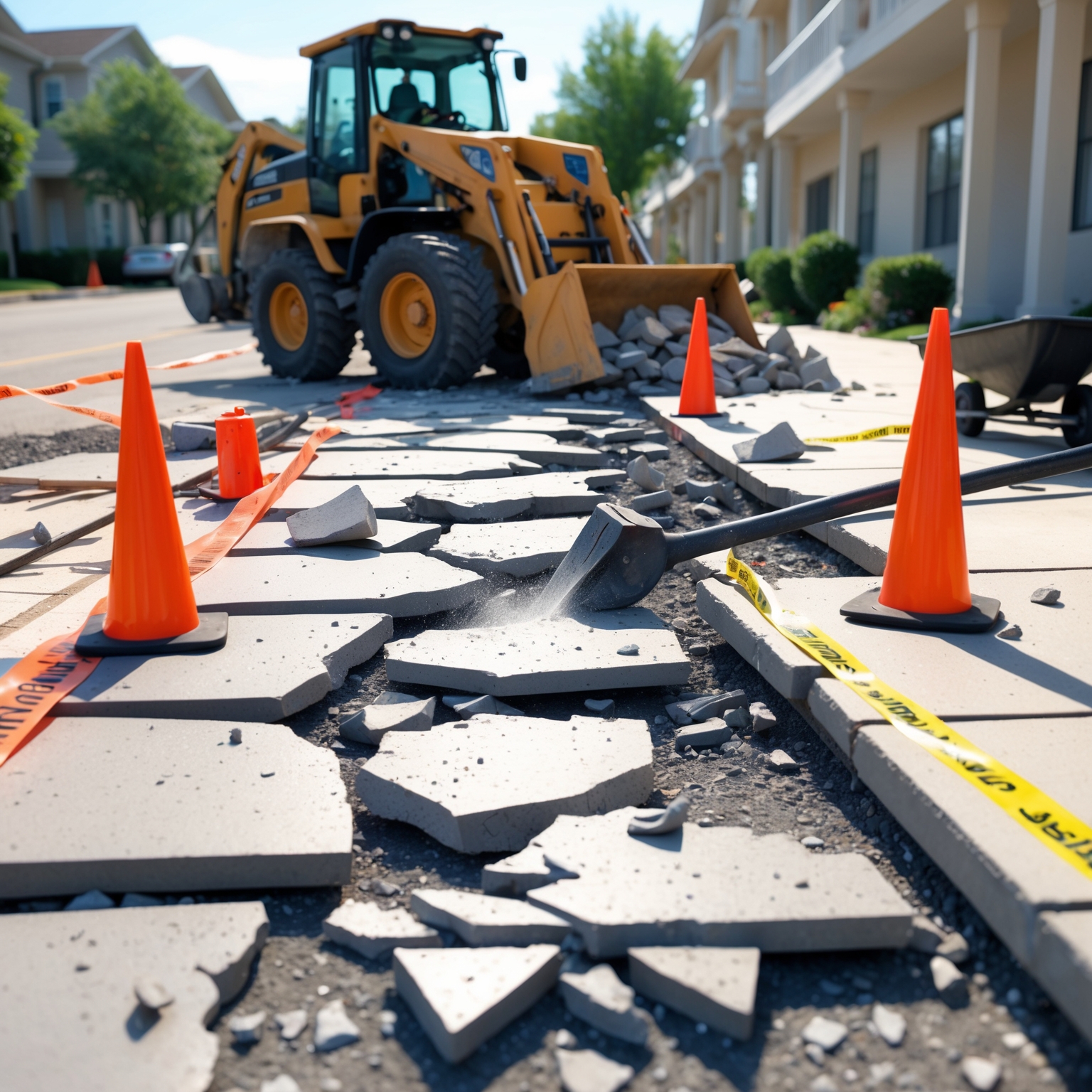 Sidewalk demolition with broken concrete slabs, safety cones, and visible construction tools in a clean work zone"